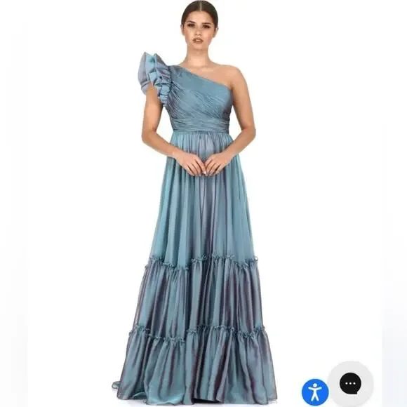 Mac Duggal One-Shoulder Tiered Chiffon Gown Fusion Blue Size 16 NWT